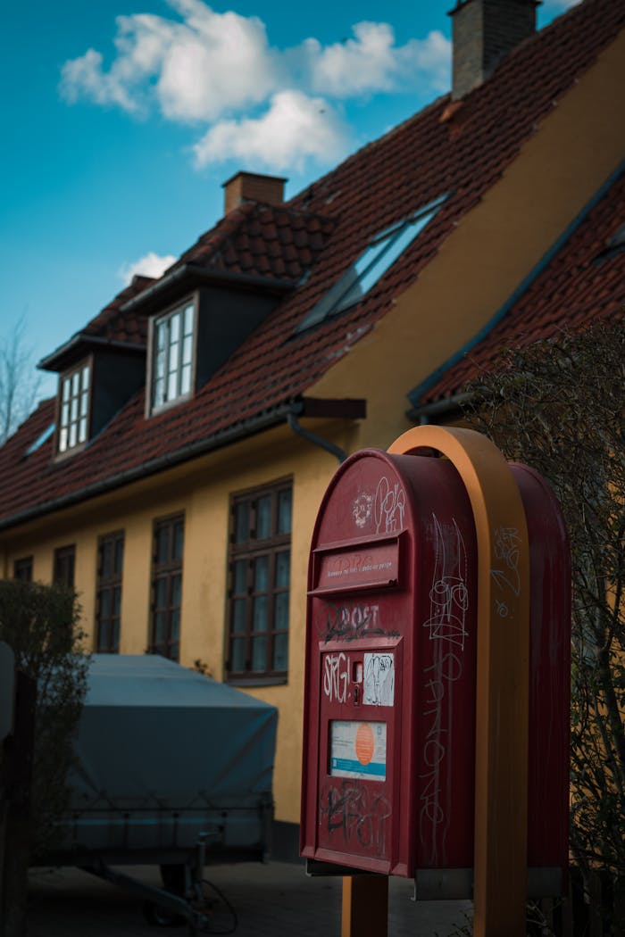 A classic red mailbox on a scenic street in Denmark with beautiful architecture.